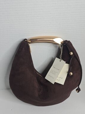 Metal Handle Crescent Saddle Handbag A New Day Brown Velvet NWT